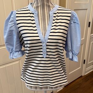 Veronica Beard Navy and Light Blue Striped Blouse